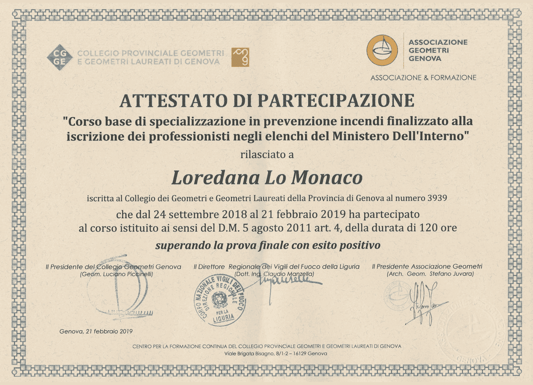 abilitazione professionista antincendio - Geometra Loredana Lo Monaco - Genova